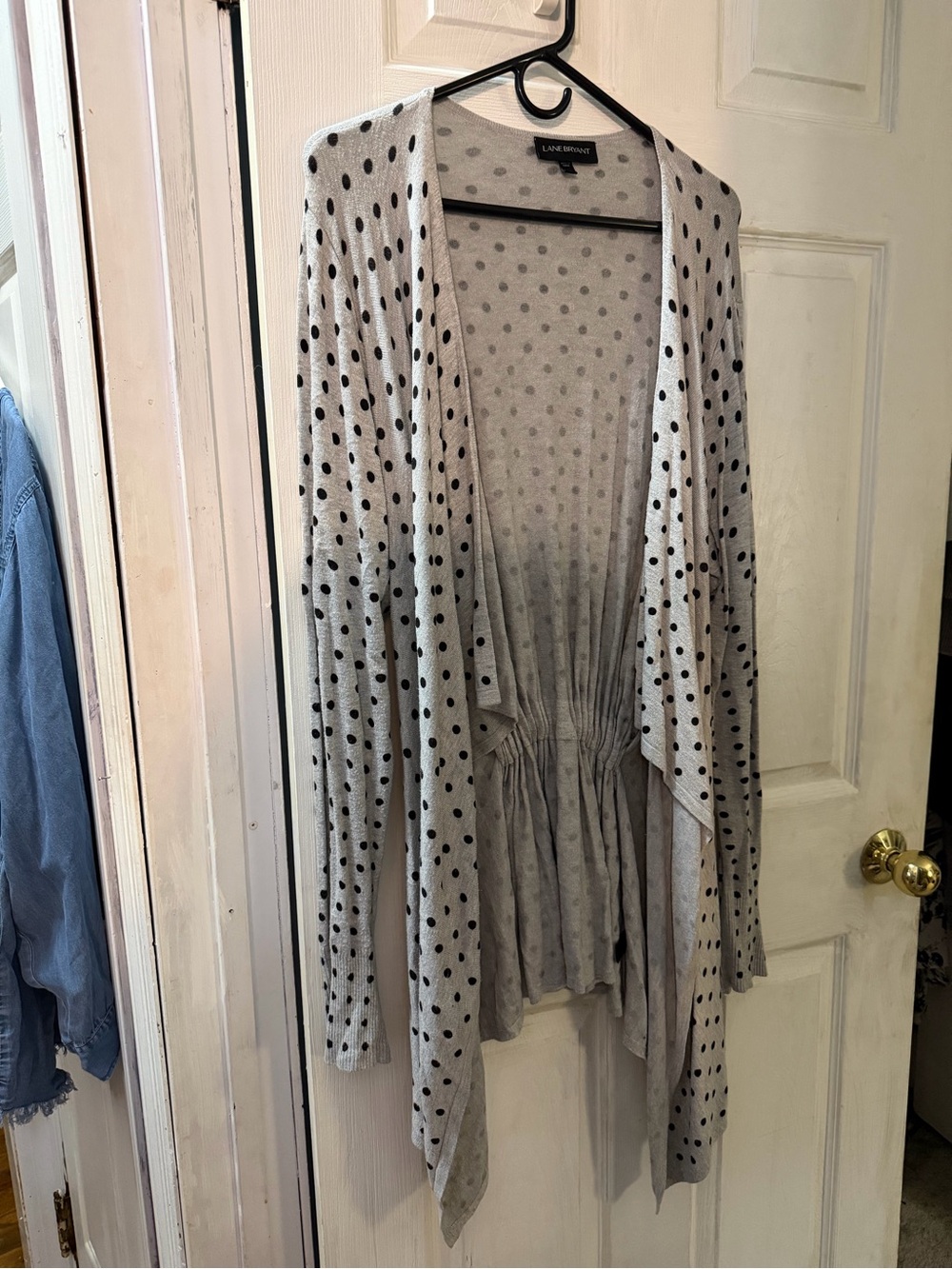 Lane Bryant Light Gray Cardigan with Black Polka Dots
